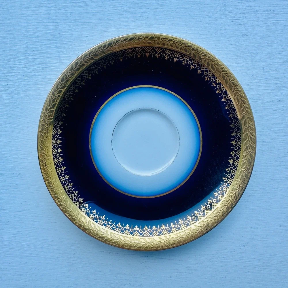 J Pouyat Limoges Cobalt Blue Gold Encrusted Tea Cup and Saucer Set France